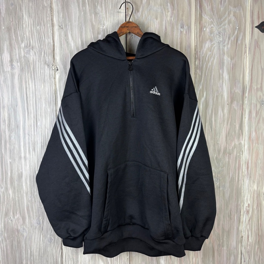VTG Adidas Black Quarter Zip Hoodie USA Made 80s 90s 3 Stripe Sleeve Logo Size M